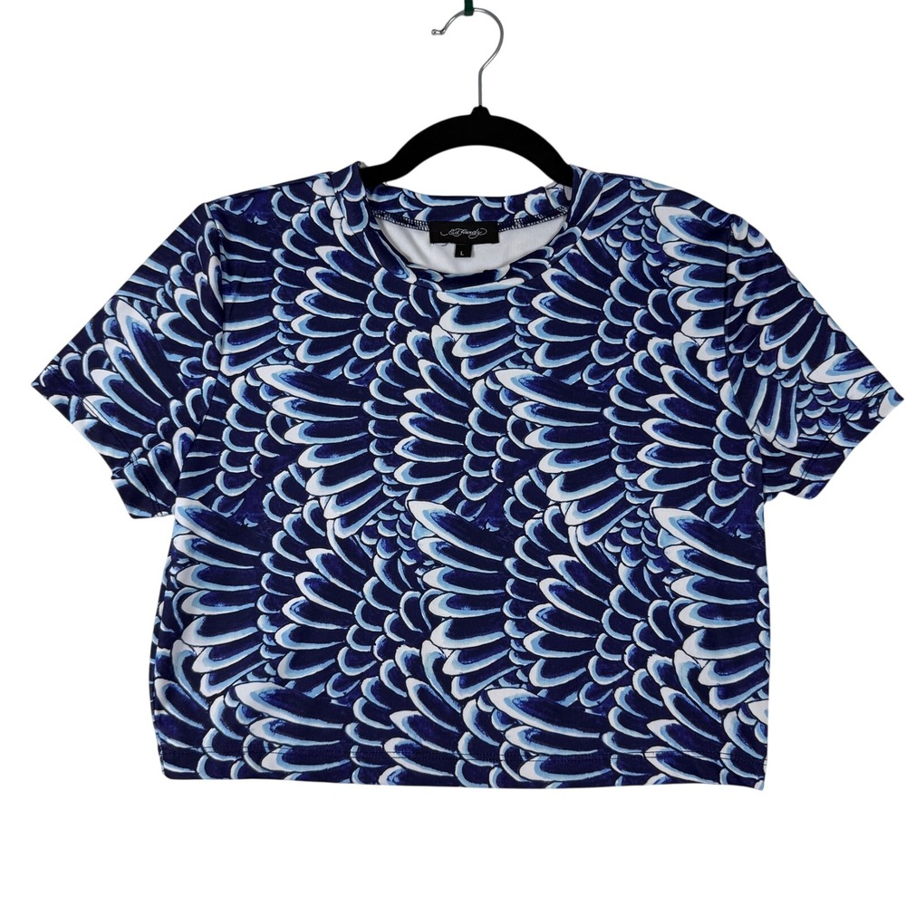 Y2K Ed Hardy‎ Womens Blue White Feathered Wing Print Crop Top Tee Size L